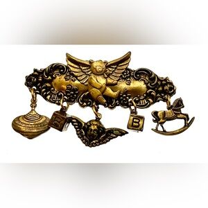 3 for $30 Vintage Stamped Brass Brooch Pin with Dangling Charms Teddy Bear Angel